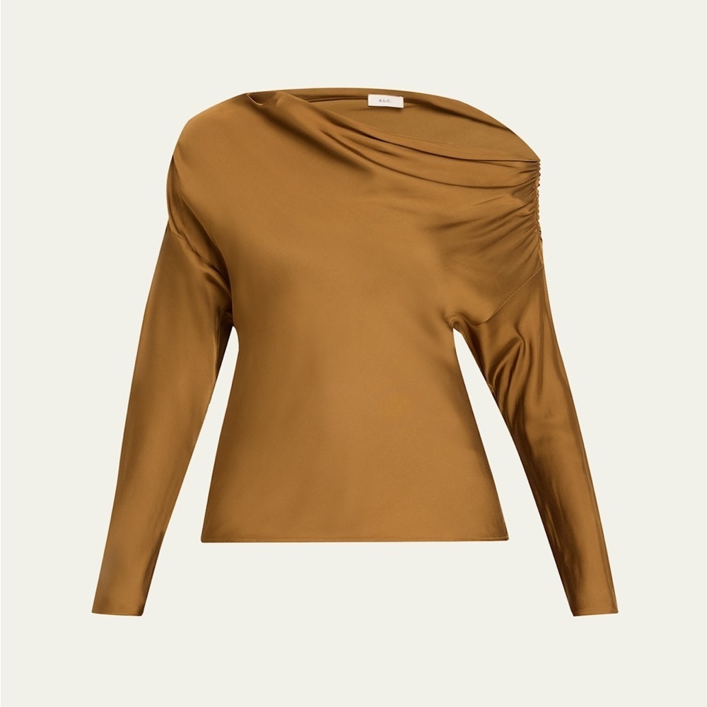 A.L.C. Piper Draped Satin Top Aged Bronze One Shoulder Blouse Size 2